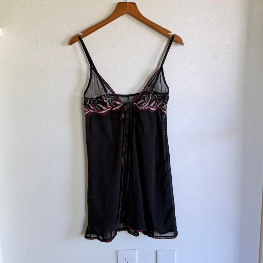 Lipstick Y2K Black Sheer Lace Babydoll Slip Top Red Embroidery Mesh Lingerie
